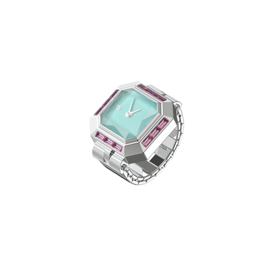 Sofia Prism Cocktail Watch Ring Mint Chocolate - Silver Ring Timepiece with Refreshing Mint Green Dial, Unique Accessory | Pascaldesign