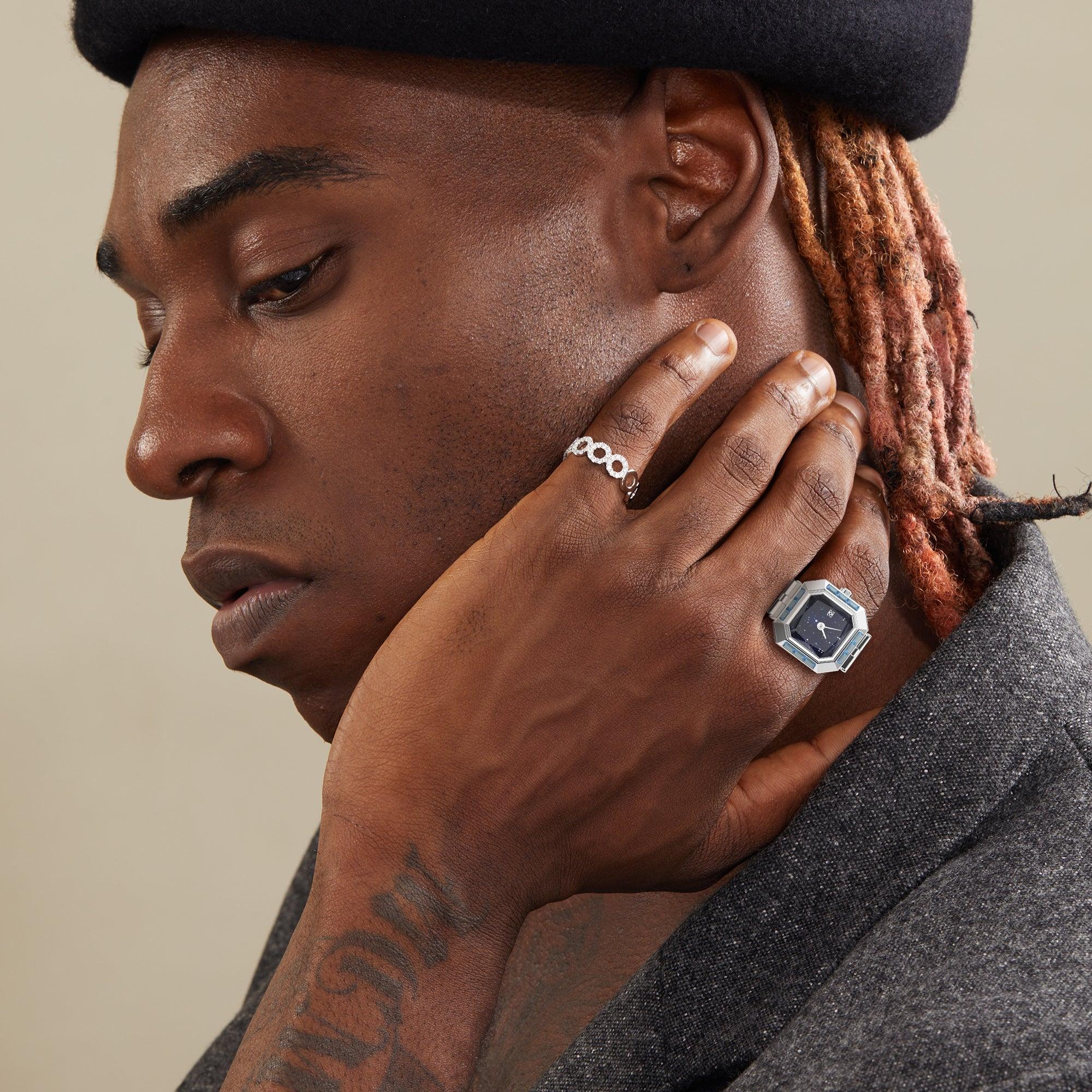 Sofia Prism Watch Ring Starry Night - Distinctive Silver Cocktail Ring Watch with Baguette Cut Lab-Grown Gemstones for men | Pascaldesign